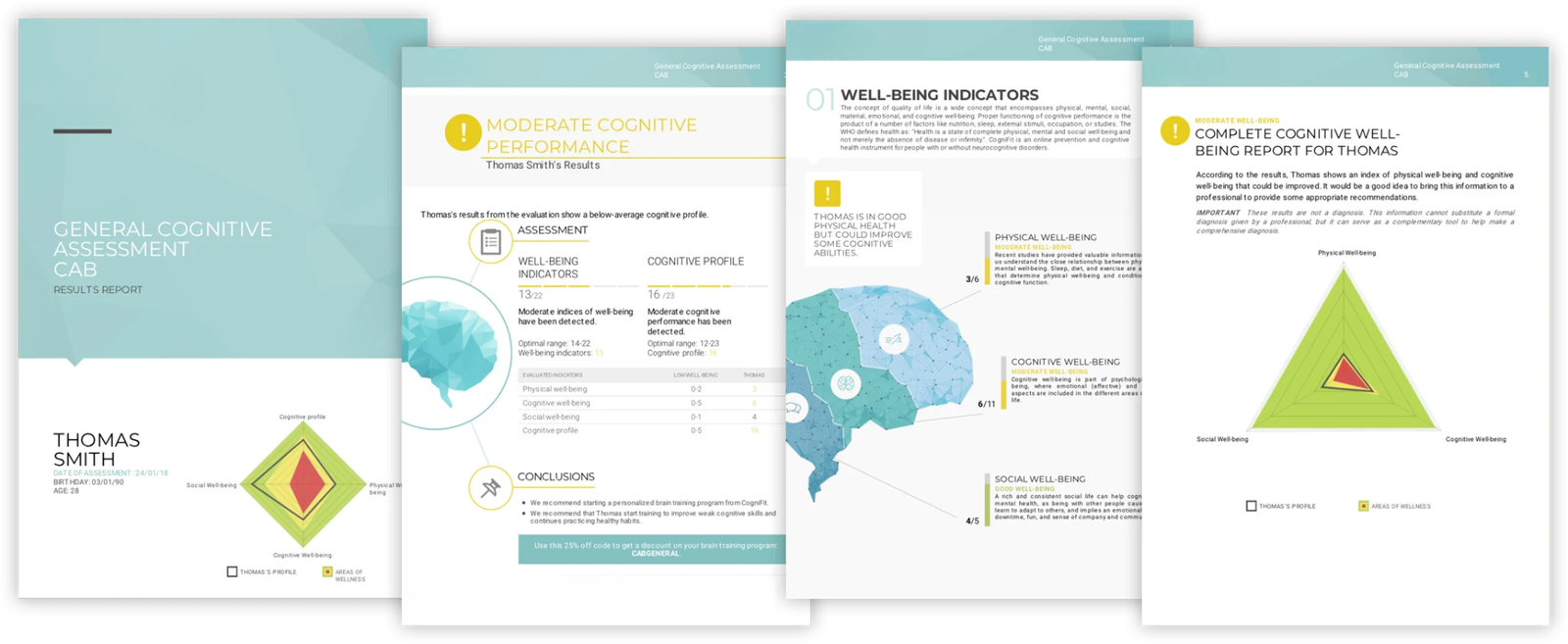 OrangeCheck cognitive assessment report examples showing skill profiles and results